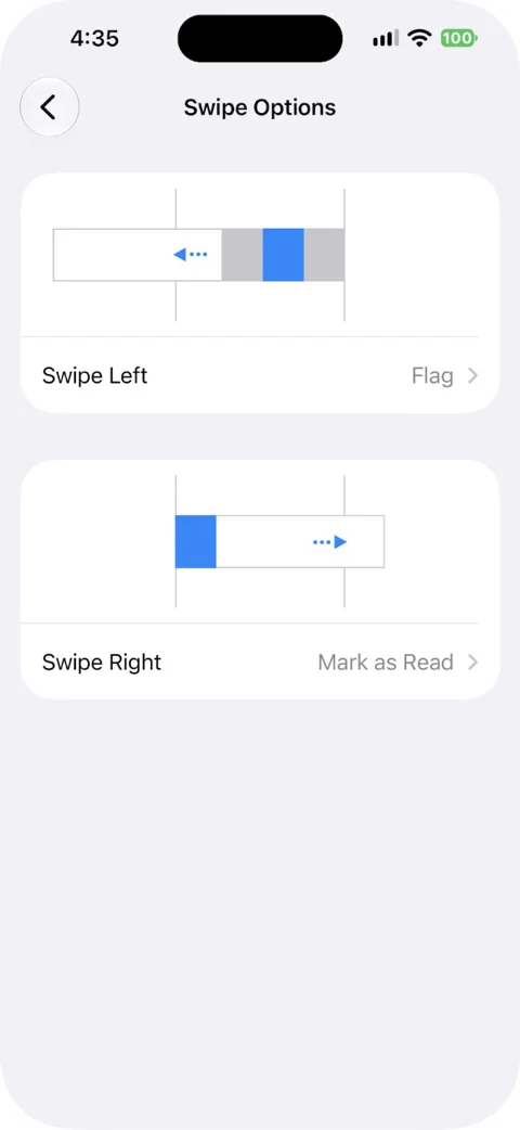 Swipe Options screen in iPhone Mail settings