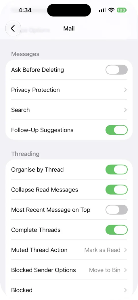 Messages and Threading sections in iPhone Mail settings
