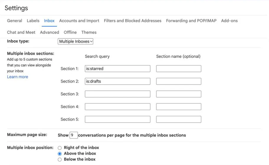 Gmail Inbox settings with Multiple Inboxes selected and five section fields