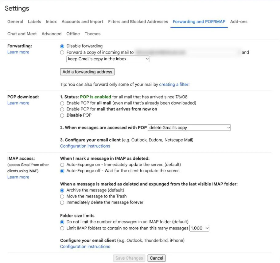 Gmail settings, Forwarding and POP/IMAP tab