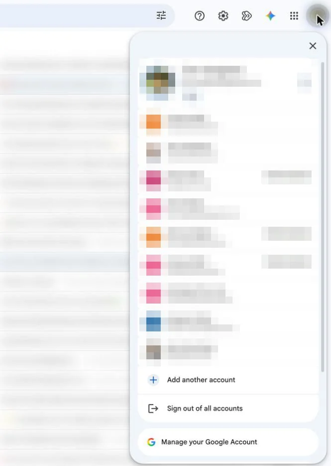 Google account menu in Gmail with Add another account and Sign out of all accounts