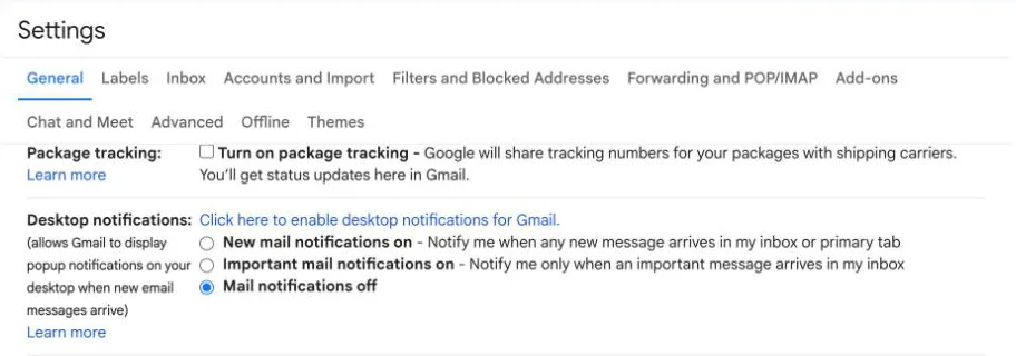 Gmail General settings with the Desktop notifications options