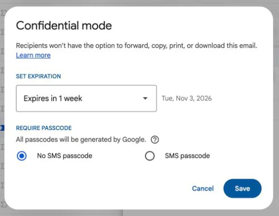 Gmail confidential mode dialog with expiration and SMS passcode options