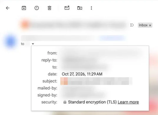 Gmail message details showing security: Standard encryption (TLS)