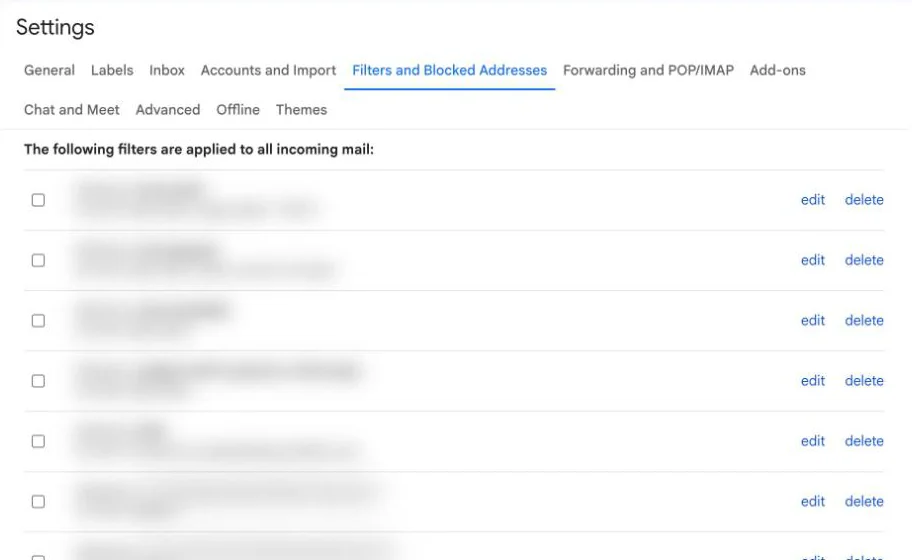 Gmail settings, Filters and Blocked Addresses tab