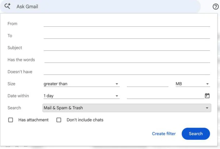 Gmail search options with Search set to Mail & Spam & Trash
