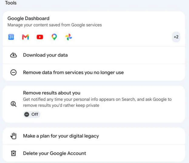 Google Account Data & privacy, Tools list with Remove data from services you no longer use and Delete your Google Account
