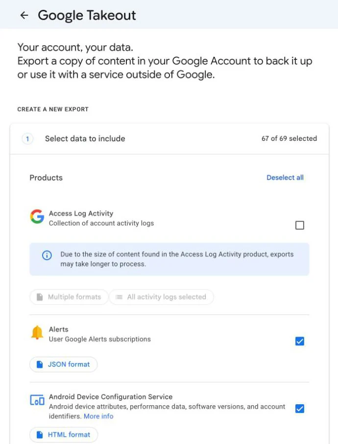Google Takeout, Select data to include