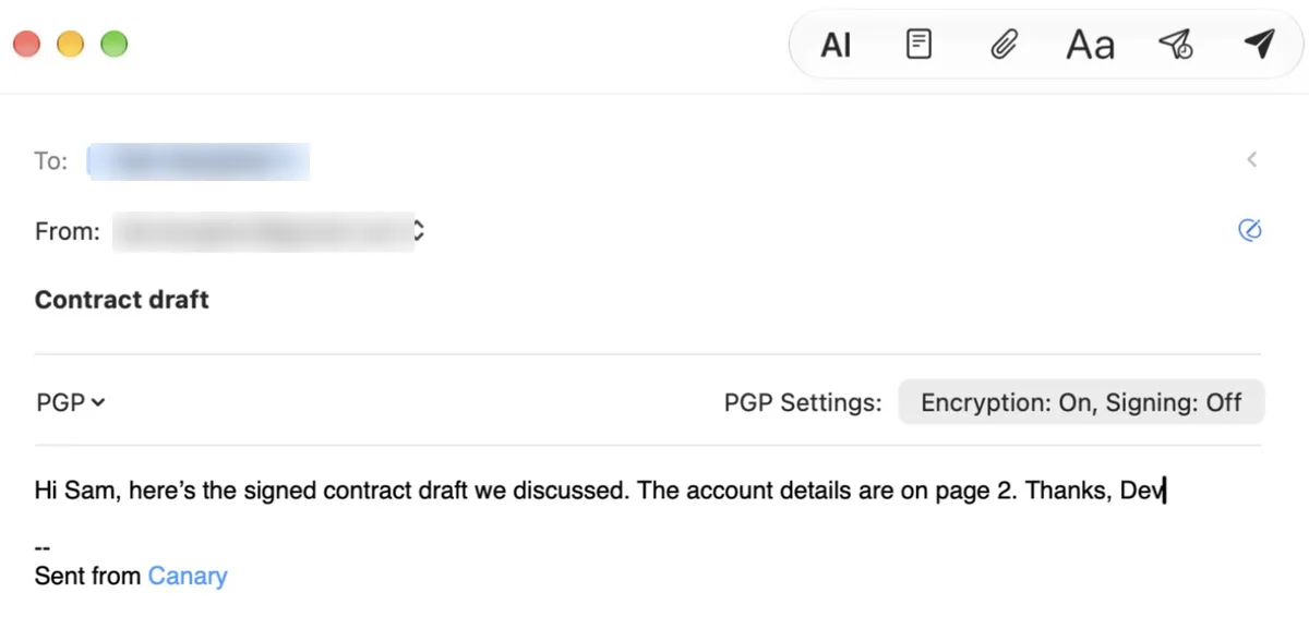 Canary Mail compose window with PGP encryption turned on