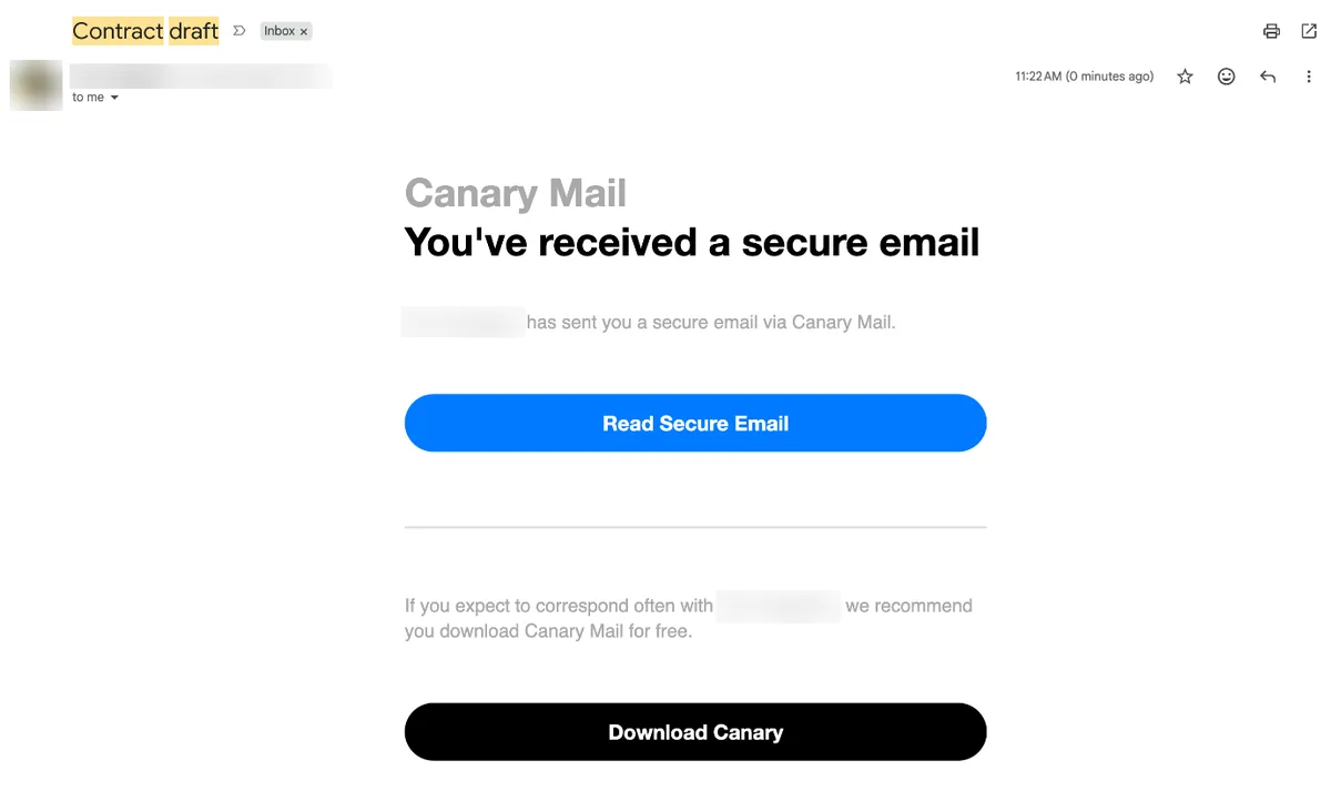 A SecureSend email as it arrives in Gmail, with a Read Secure Email button