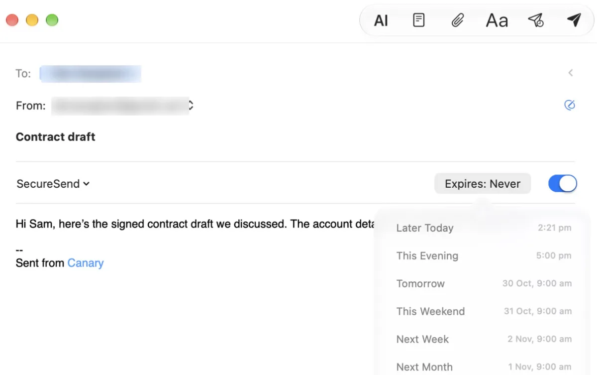 SecureSend turned on in a Canary Mail message, with the expiry options open