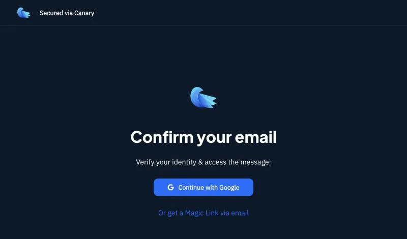 SecureSend Confirm your email page with Continue with Google and a Magic Link option