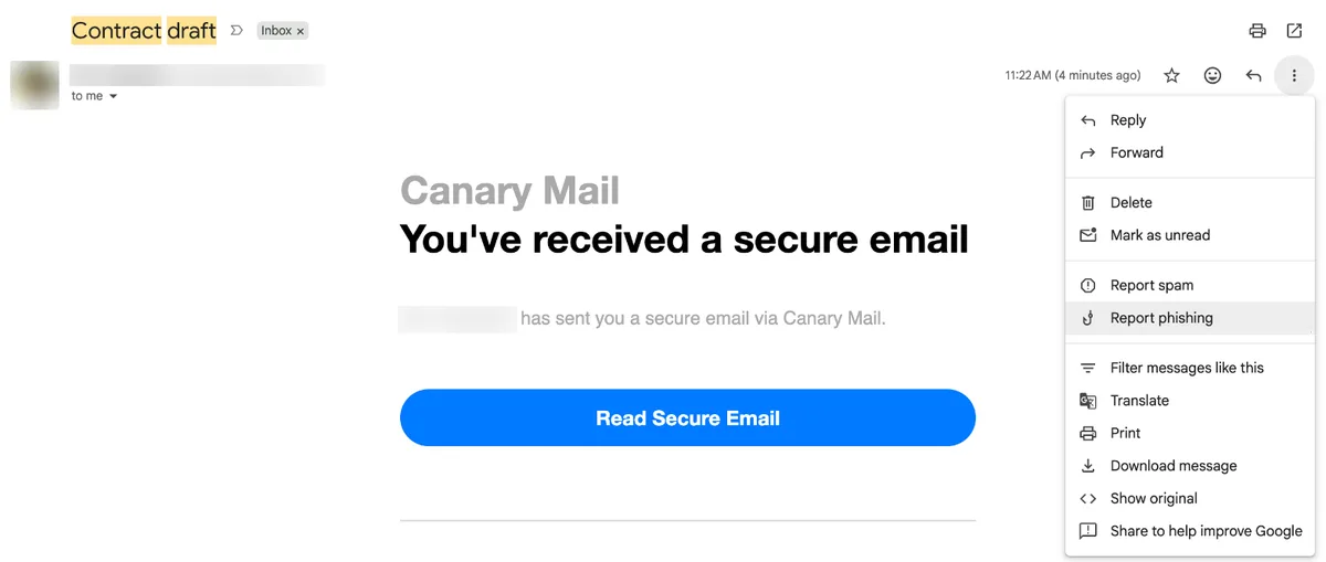 Gmail's More menu on an open message with Report phishing highlighted