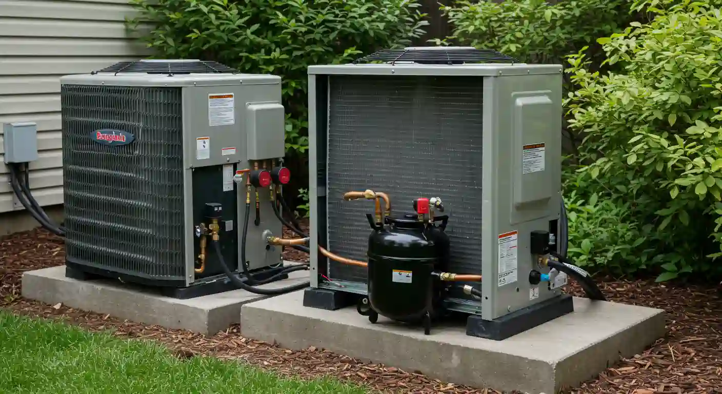 Two air conditioners positioned on concrete blocks outdoors.