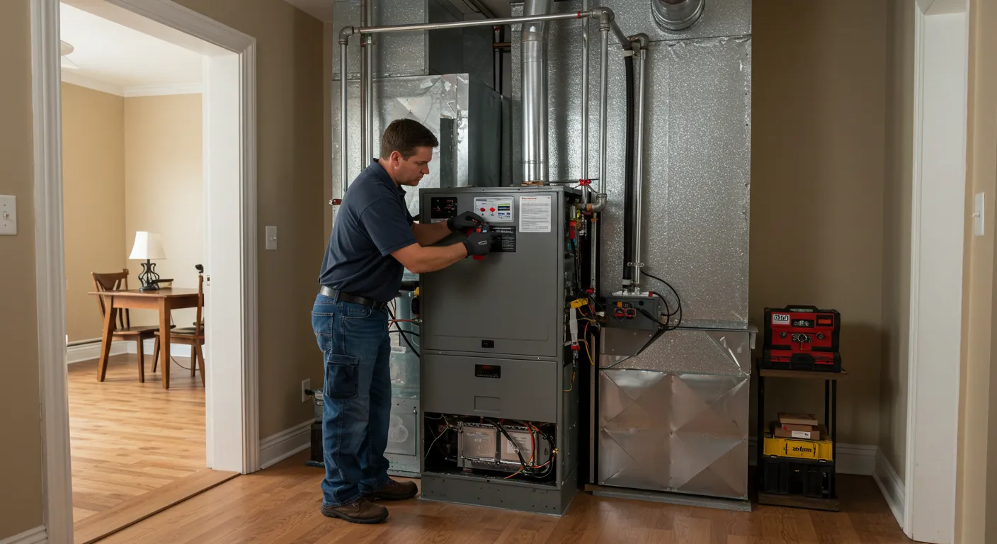 A man repairs a furnace in a home, focused on his work with tools in hand.