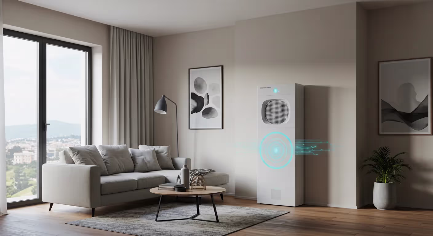 A cozy living room with a white couch and Air Purifier, emphasizing a contemporary design.
