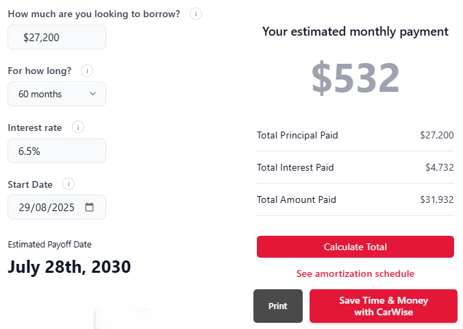 interfaz de calculadora carwise mostrando pago mensual