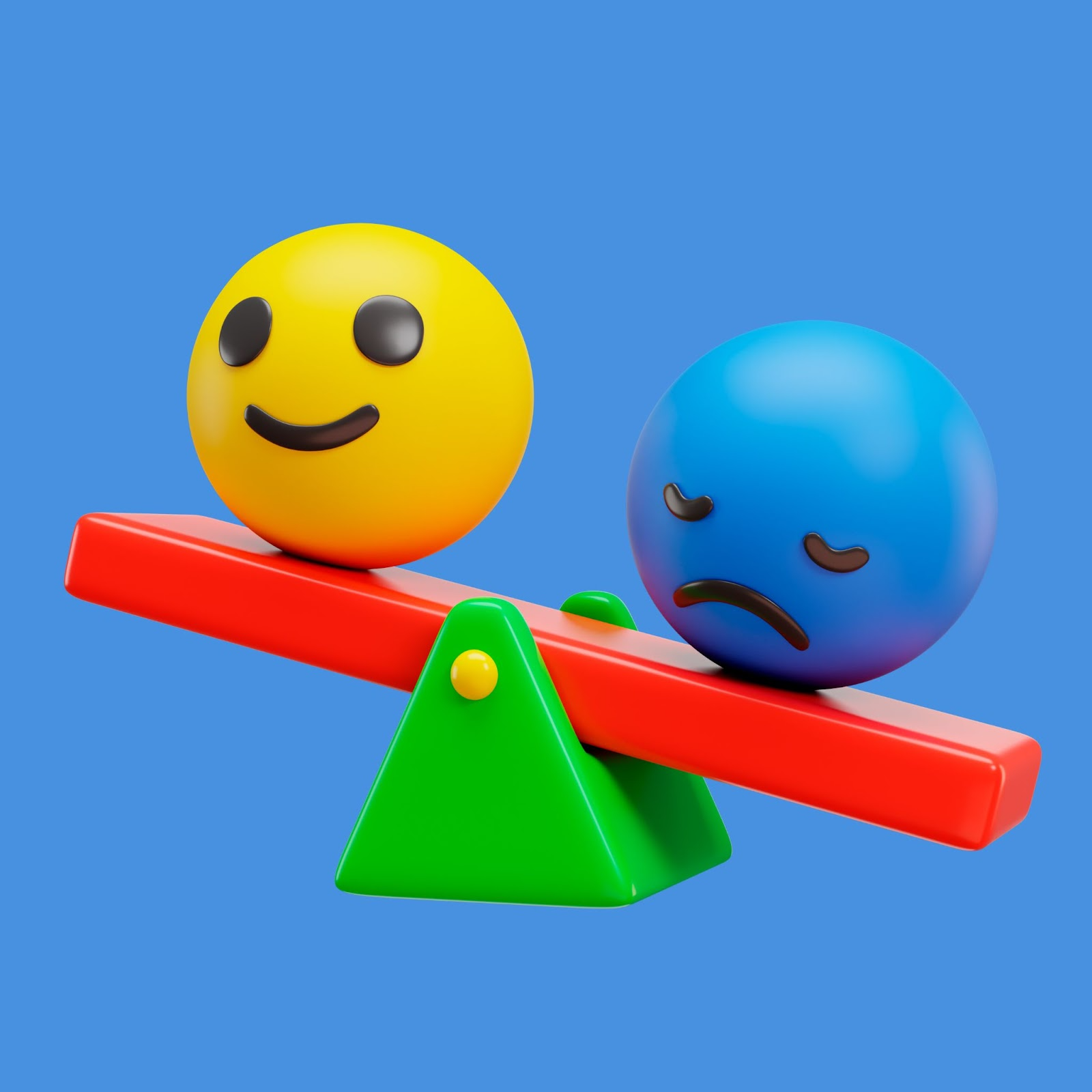 Ilustración 3D de dos esferas con caras de emoticonos (una amarilla sonriente y una azul triste) balanceándose en un sube y baja rojo