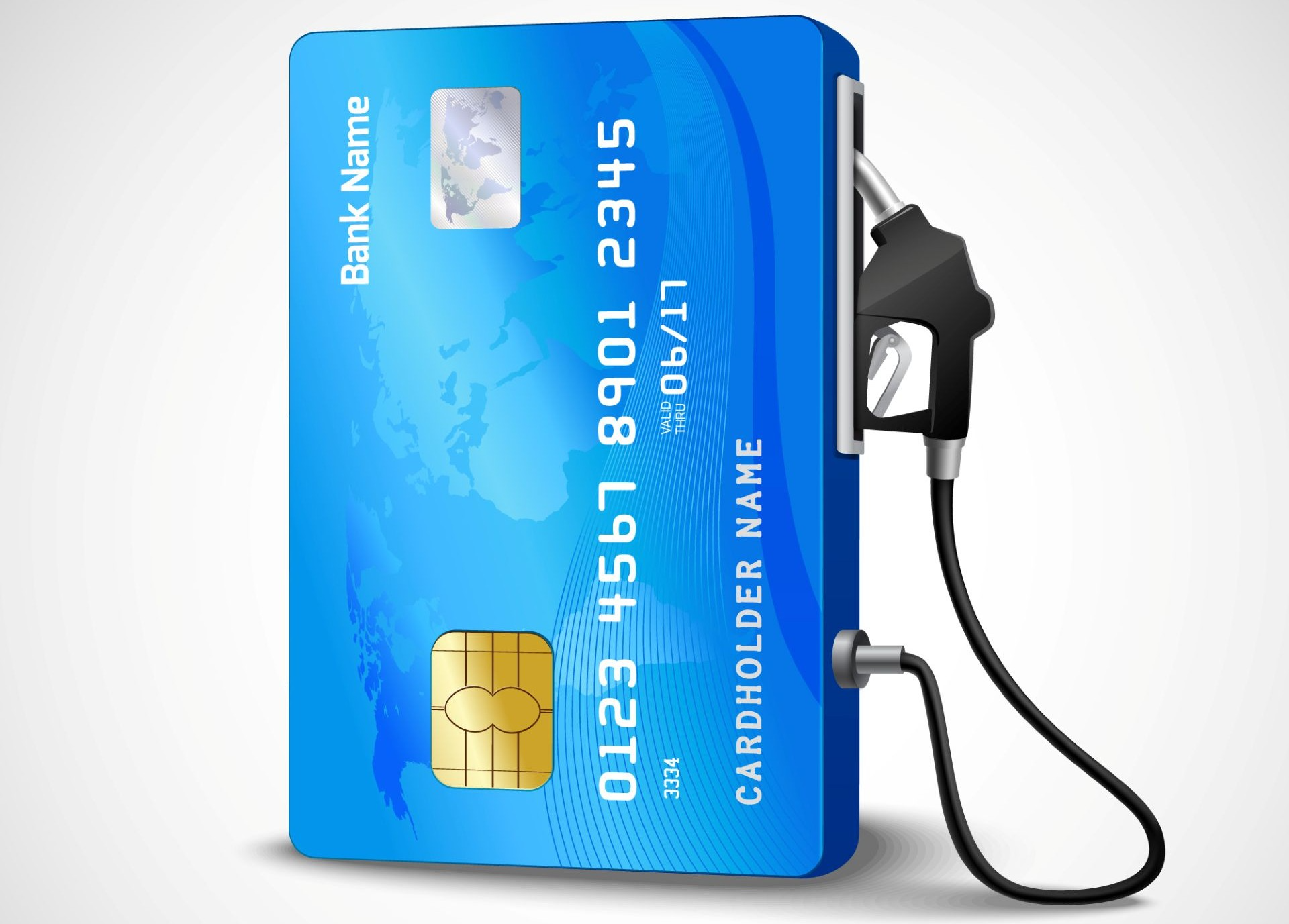 Credit card connected to gas pump nozzle representing fuel costs and payment methods for truck gas expenses