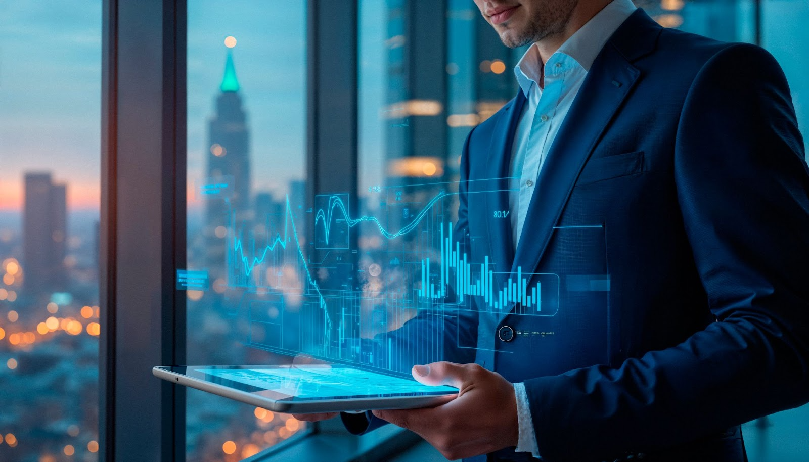 Consultor financiero analizando datos de refinanciamiento de auto con gráficos digitales holográficos y proyecciones de mercado en tablet