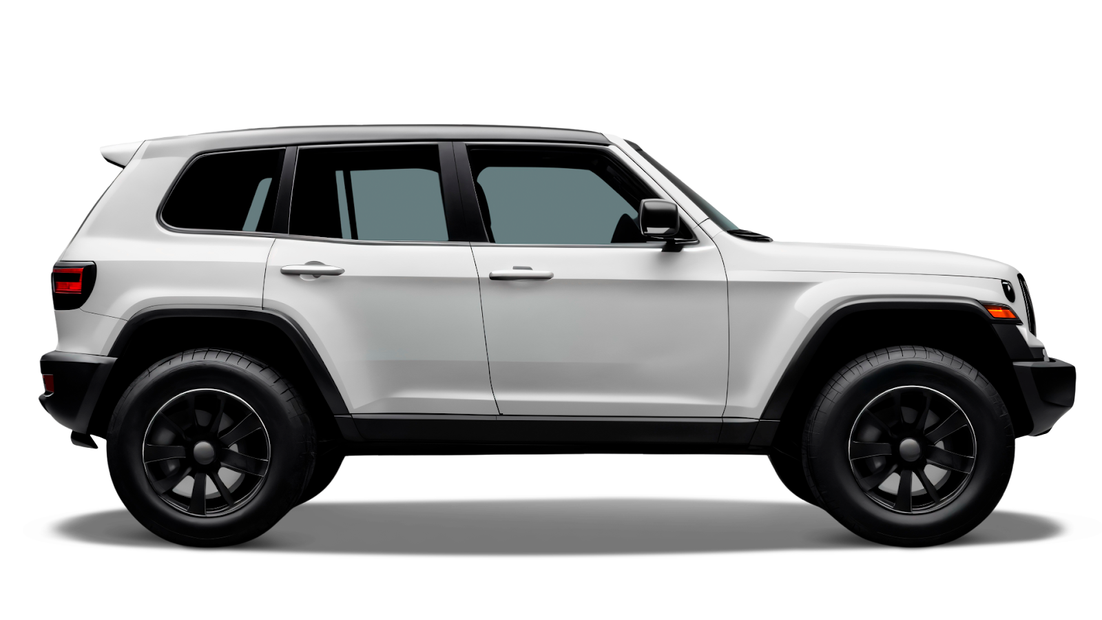 Vista lateral de SUV blanca compacta moderna con diseño elegante sobre fondo blanco