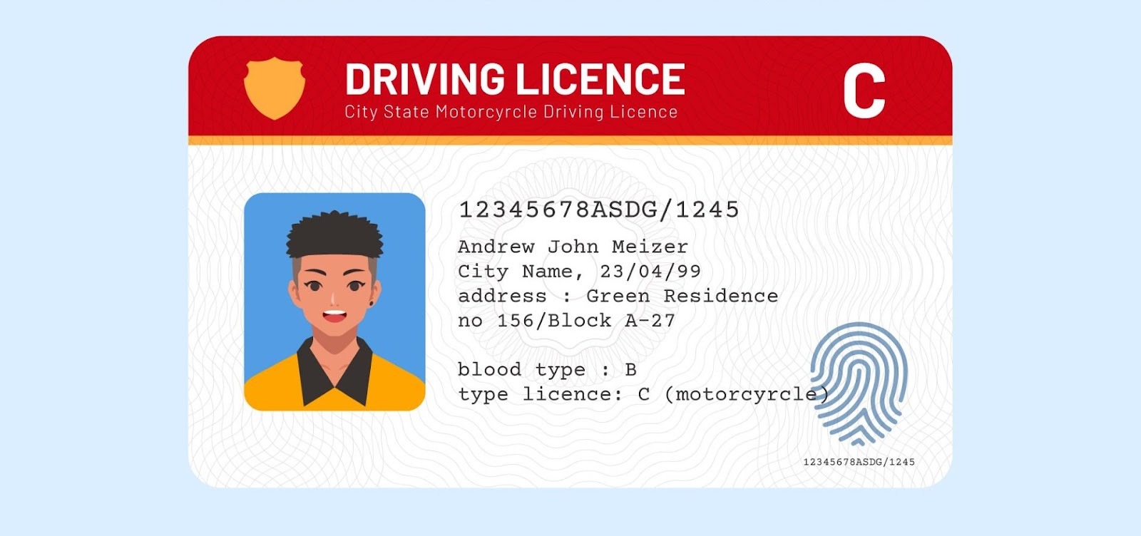 Licencia de conducir tipo C para motocicletas con datos personales y huella digital