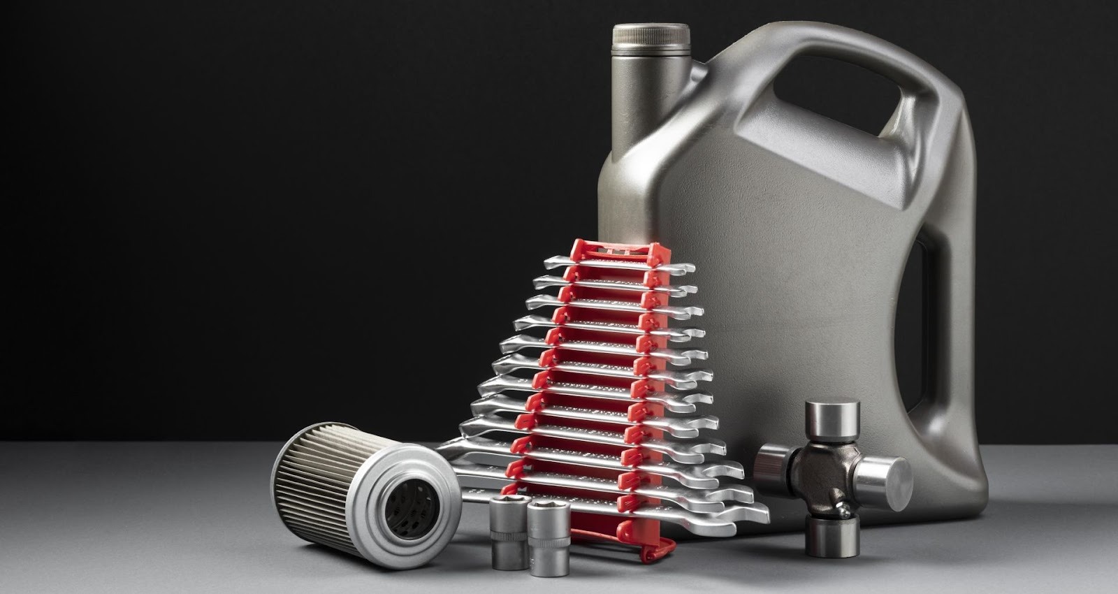 Engine oil types for every budget with filter and maintenance tools displayed