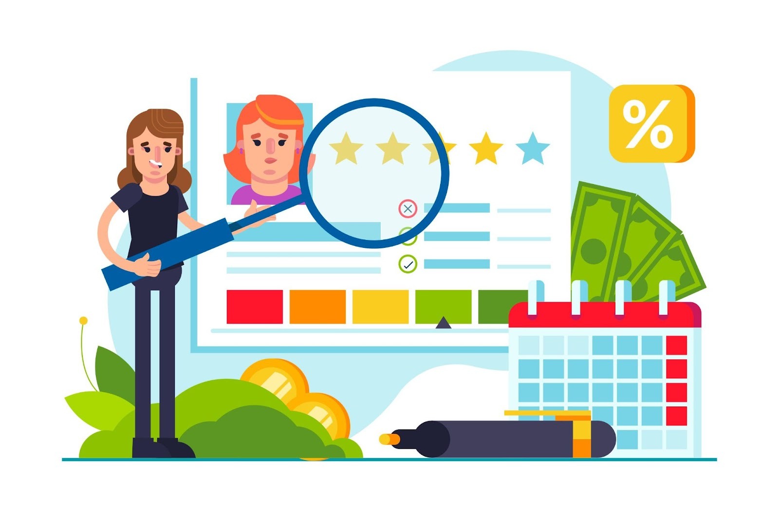 Mujer revisando reporte de crédito con calendario y dinero para préstamo auto