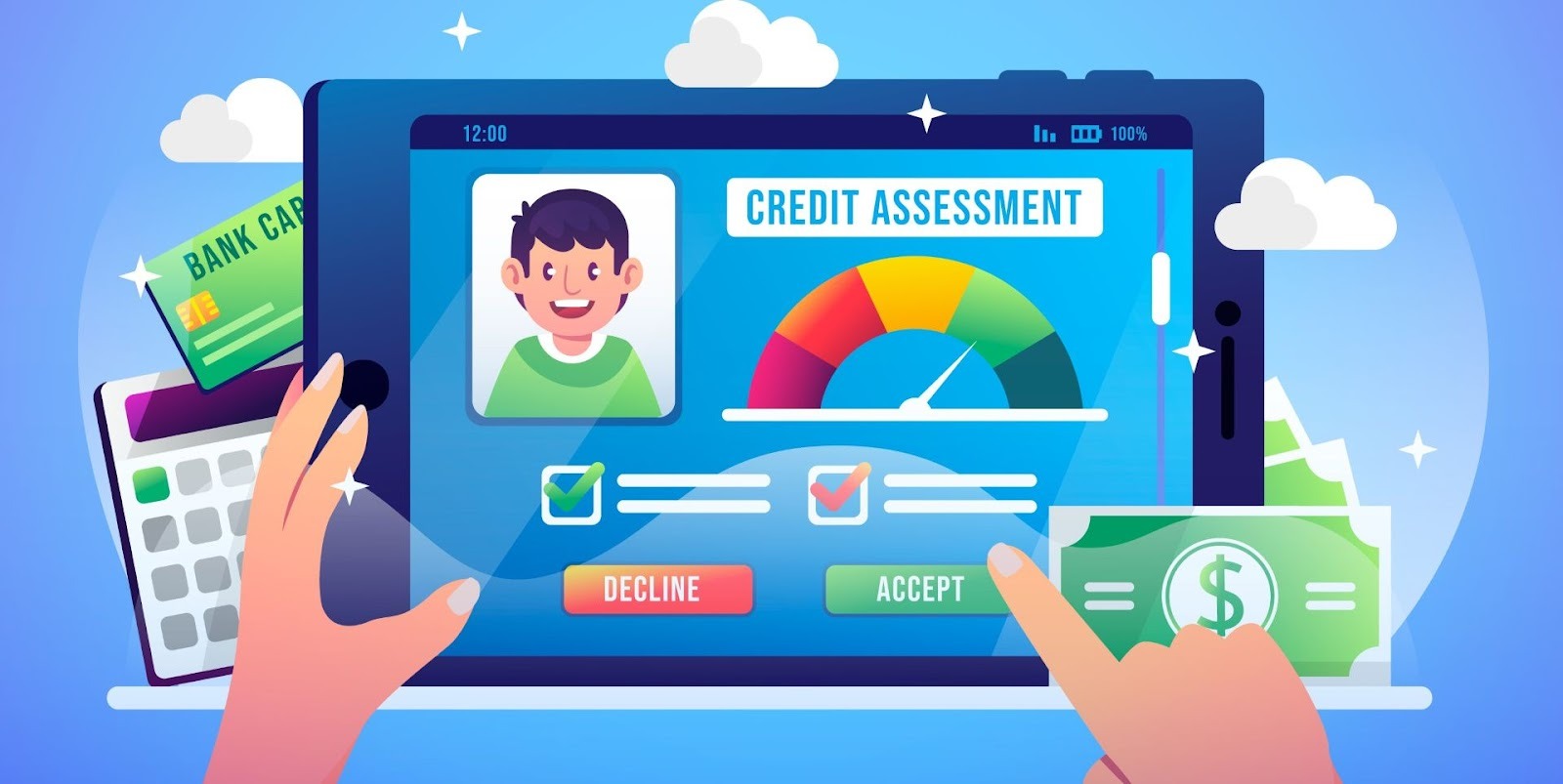 Evaluación de crédito digital con medidor de colores y botones aceptar rechazar