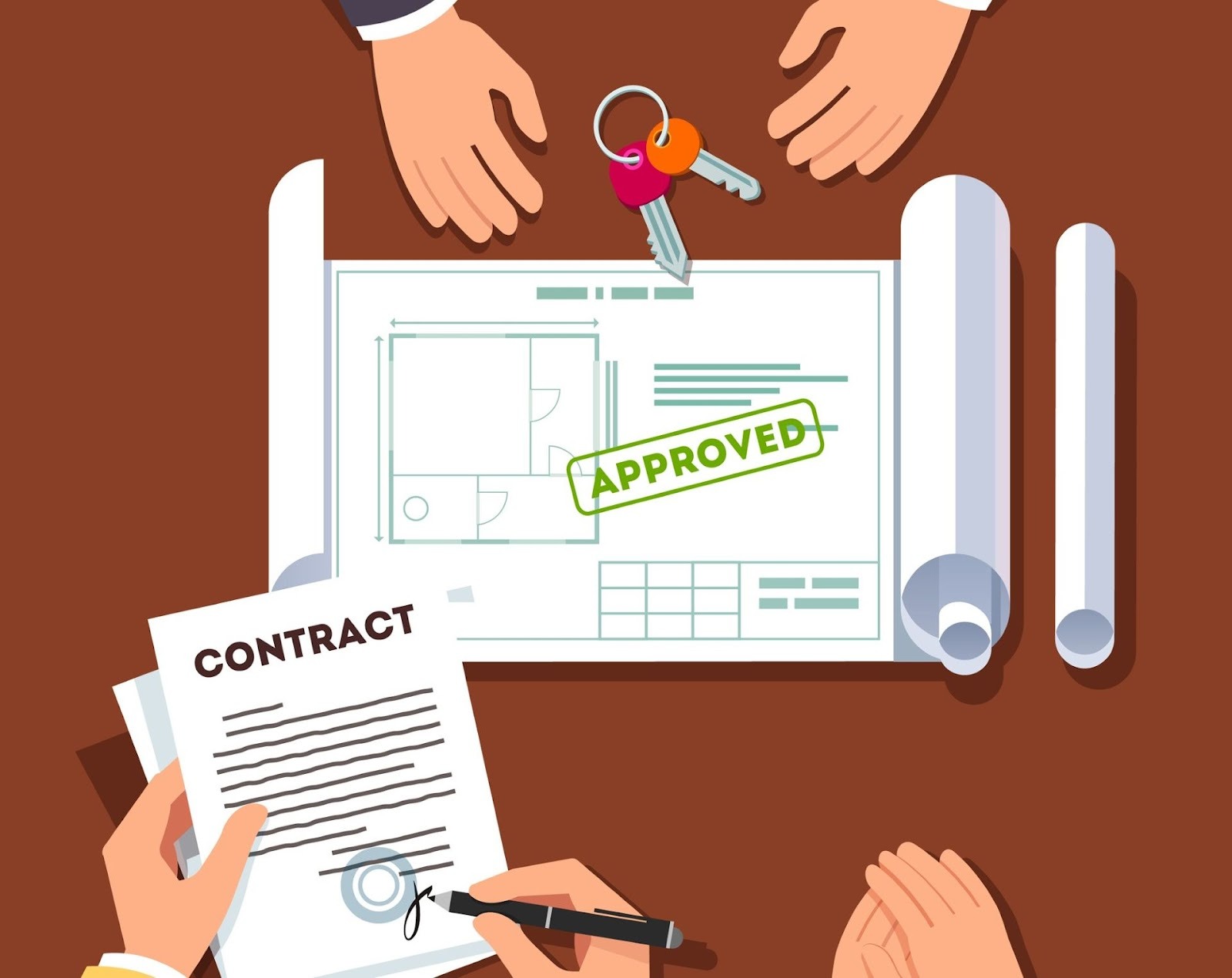 California installment loan contract signing with approved blueprints and keys