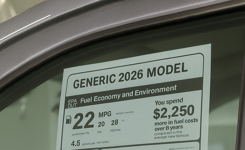 Etiqueta Monroney pegada en ventana de auto nuevo mostrando rendimiento EPA y costos de combustible certificados