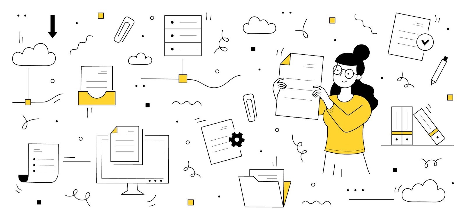 Woman organizing required documents and paperwork needed for new car purchase