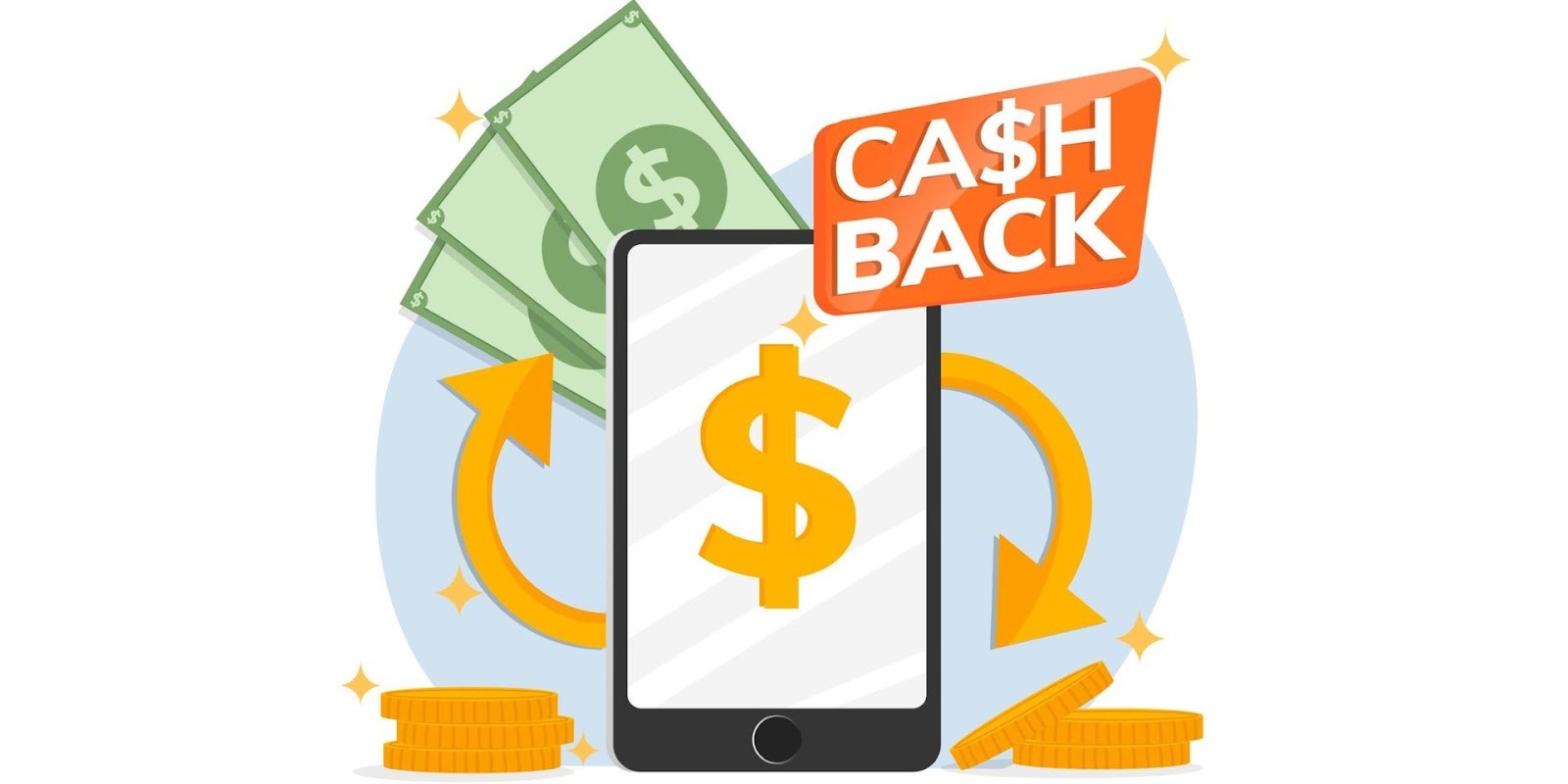 Cash back rebate illustration with smartphone, money, and dollar symbols