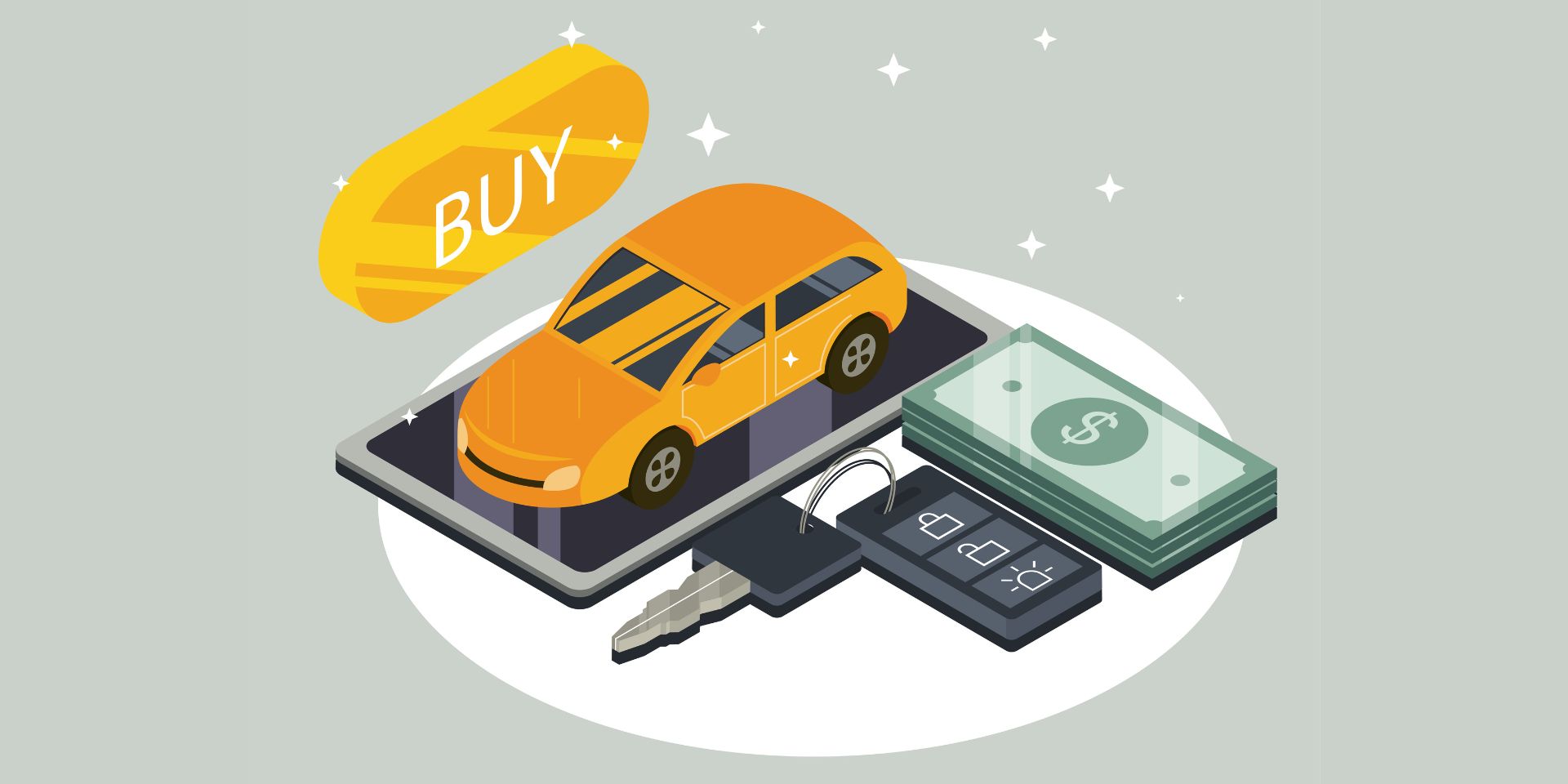 Online car buying concept with smartphone, vehicle, keys and cash for trade-in value