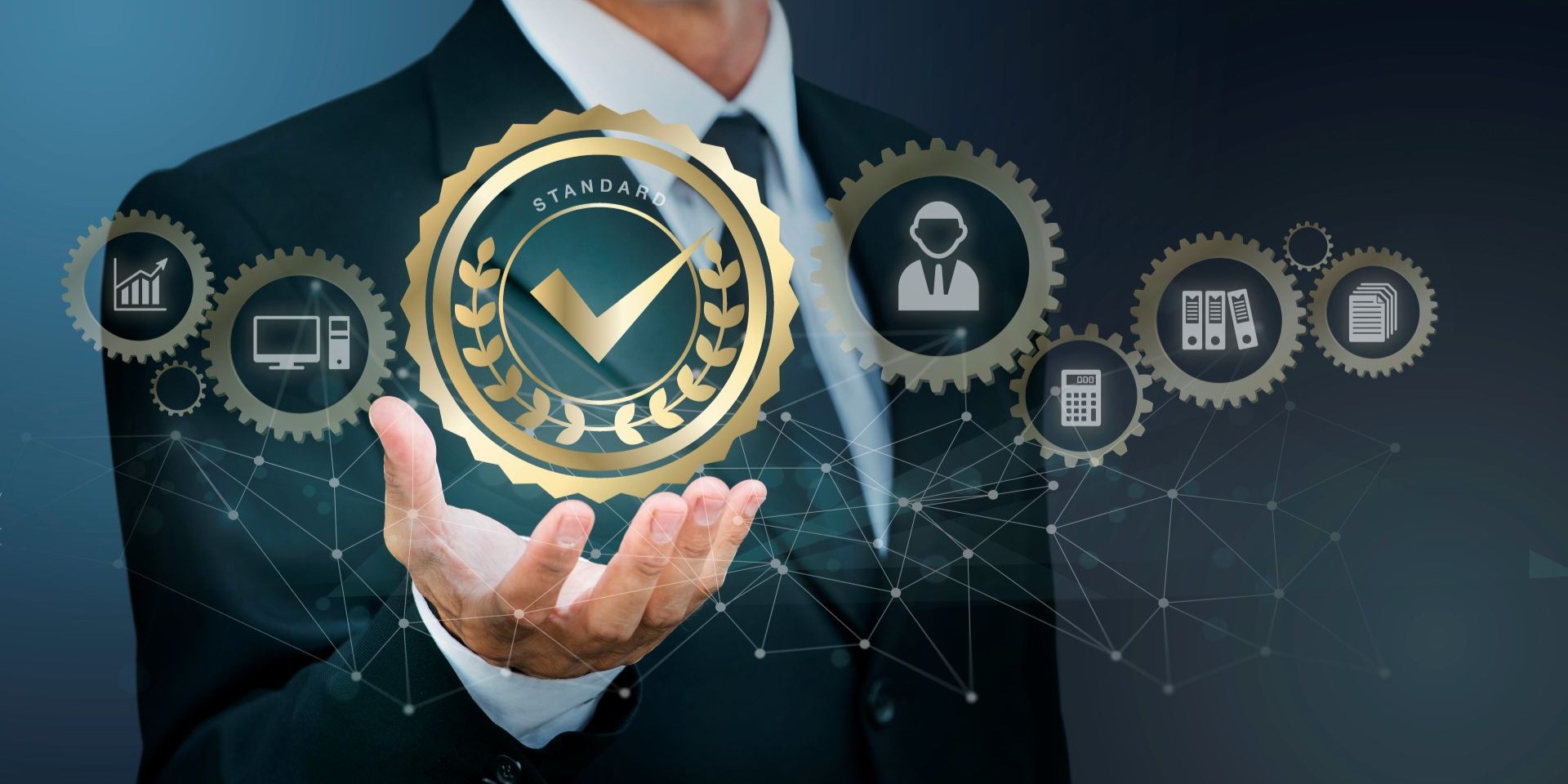 Business professional presenting gold quality certification seal with industry standard checkmark badge