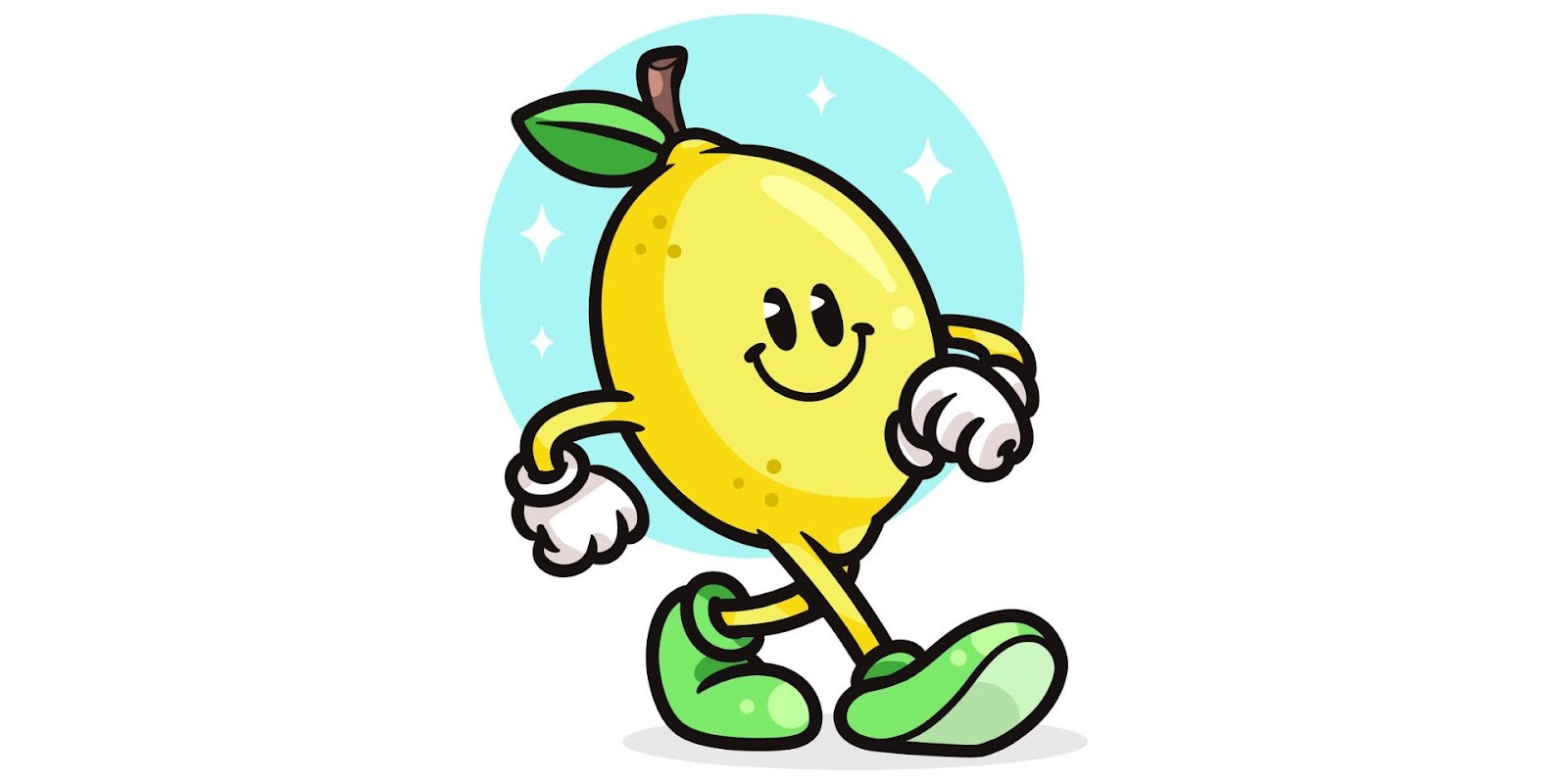 Cheerful cartoon lemon character walking with green shoes representing lemon law support