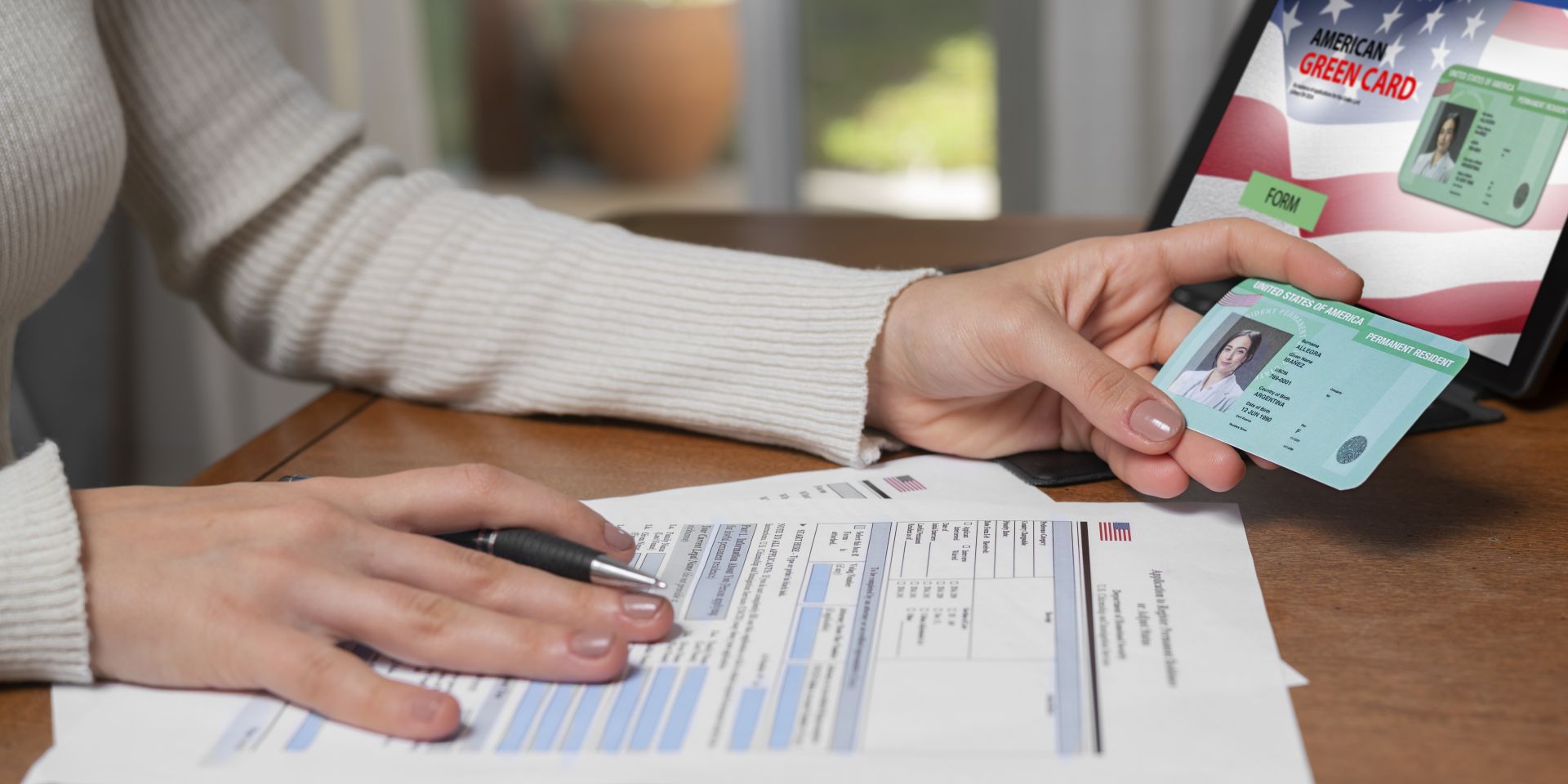 Persona completando formularios de registration Fee y sosteniendo su Green Card de residencia permanente