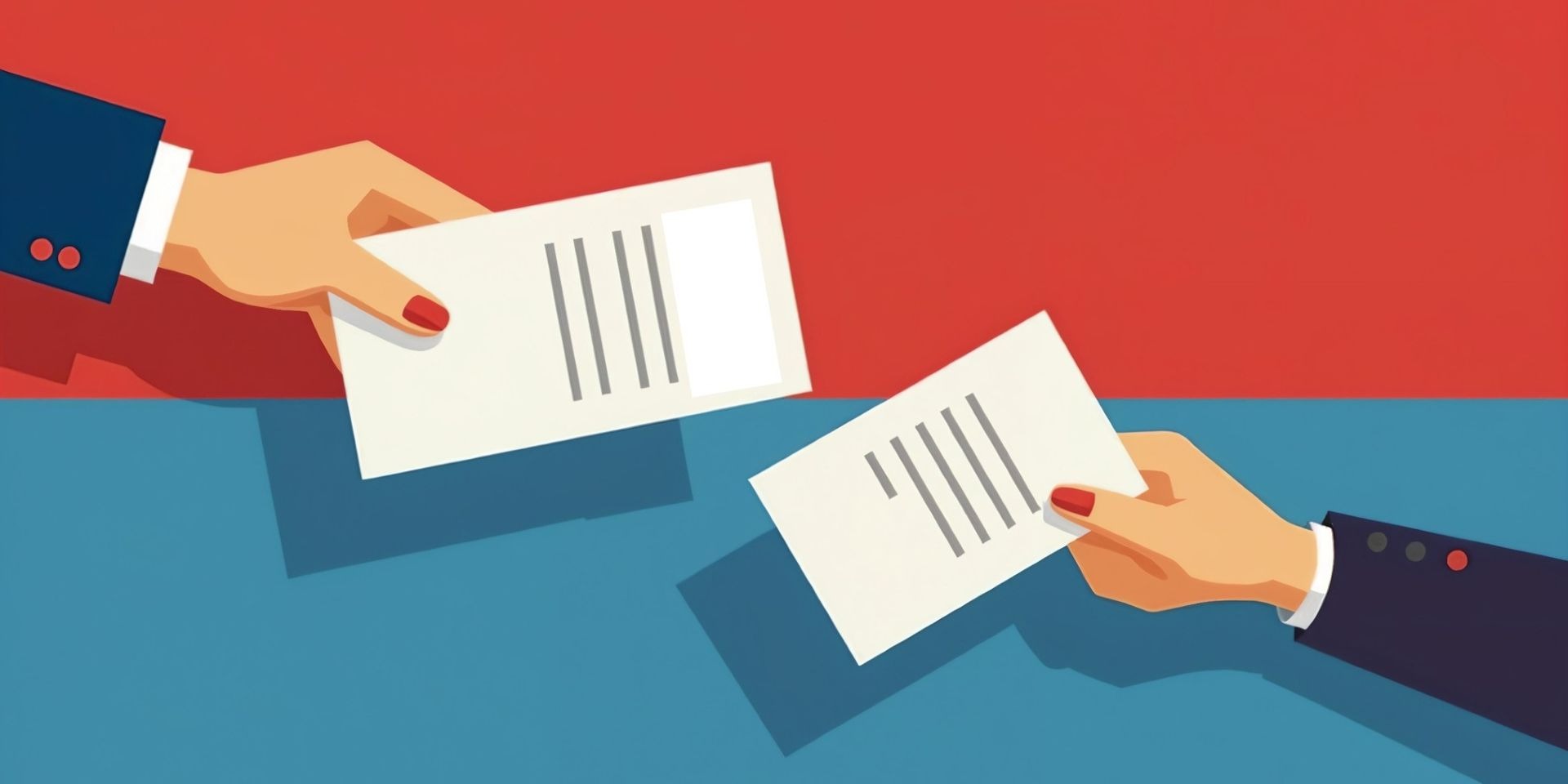Ilustración de manos intercambiando documentos oficiales sobre fondo bicolor rojo y azul