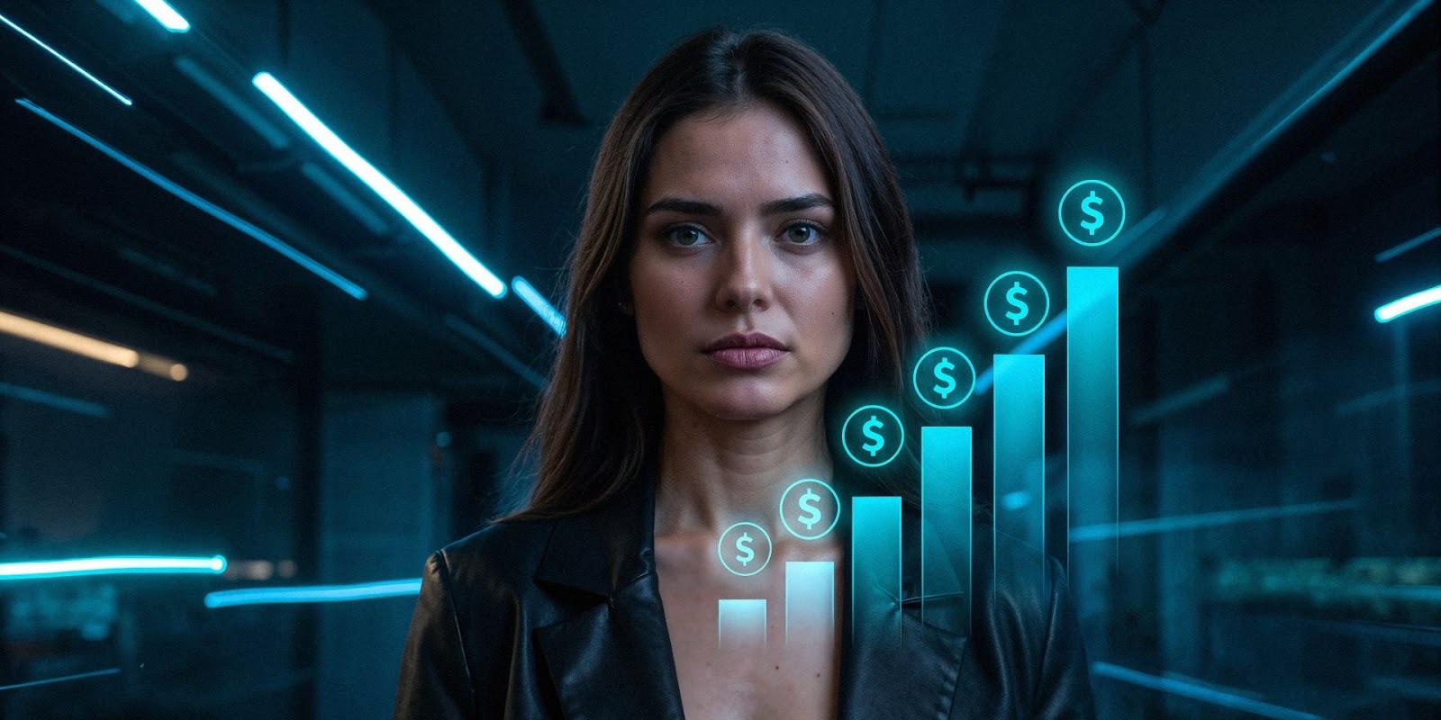 Mujer profesional frente a gráfico digital de crecimiento financiero y símbolos de dólar