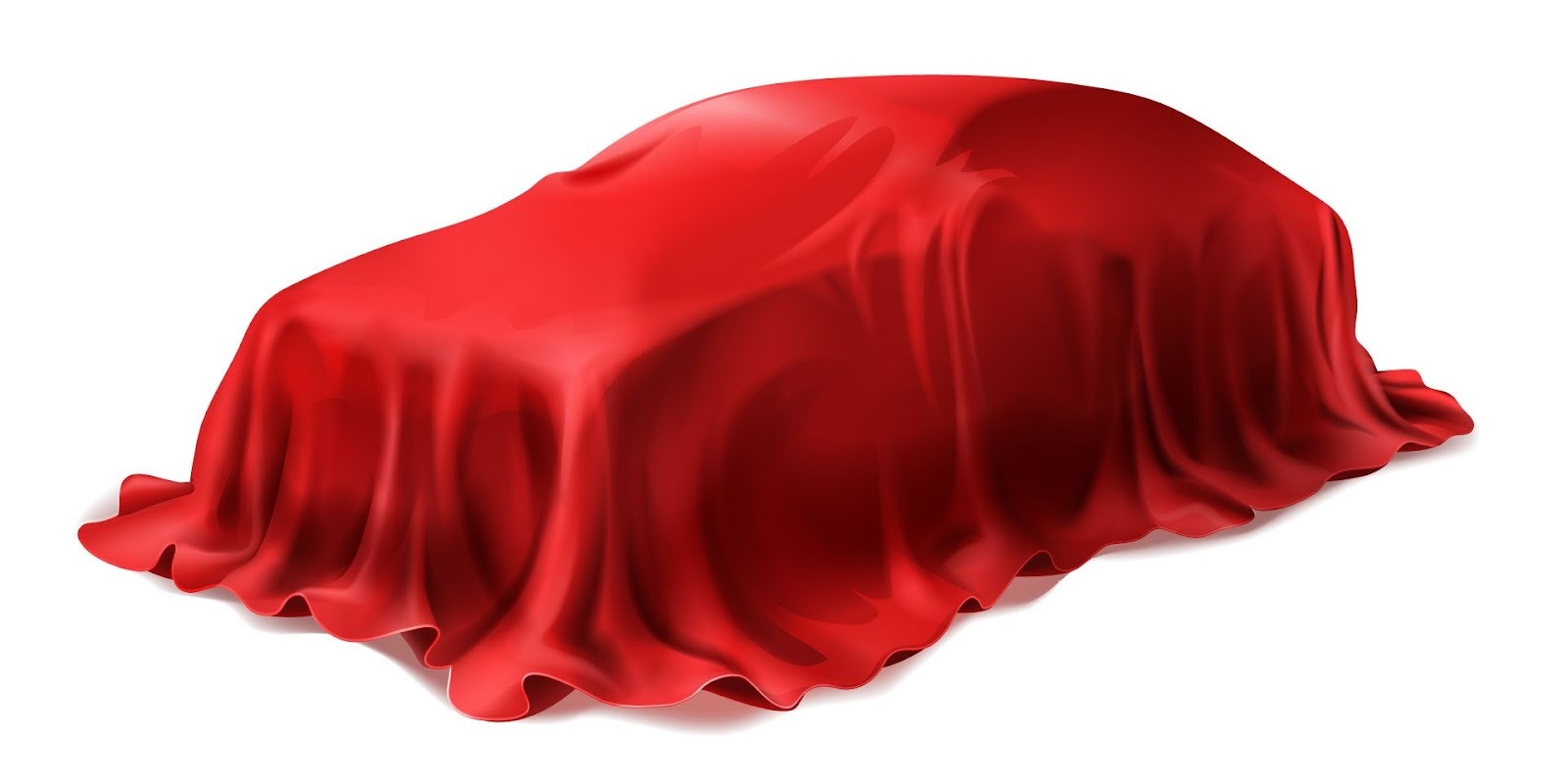 New car unveiling under red silk cover representing upcoming model year vehicle reveal at auto shows