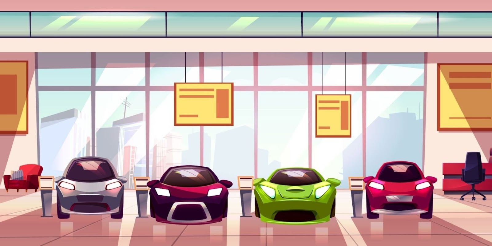 Auto showroom illustration displaying new model year vehicles lined up for car buyers to compare