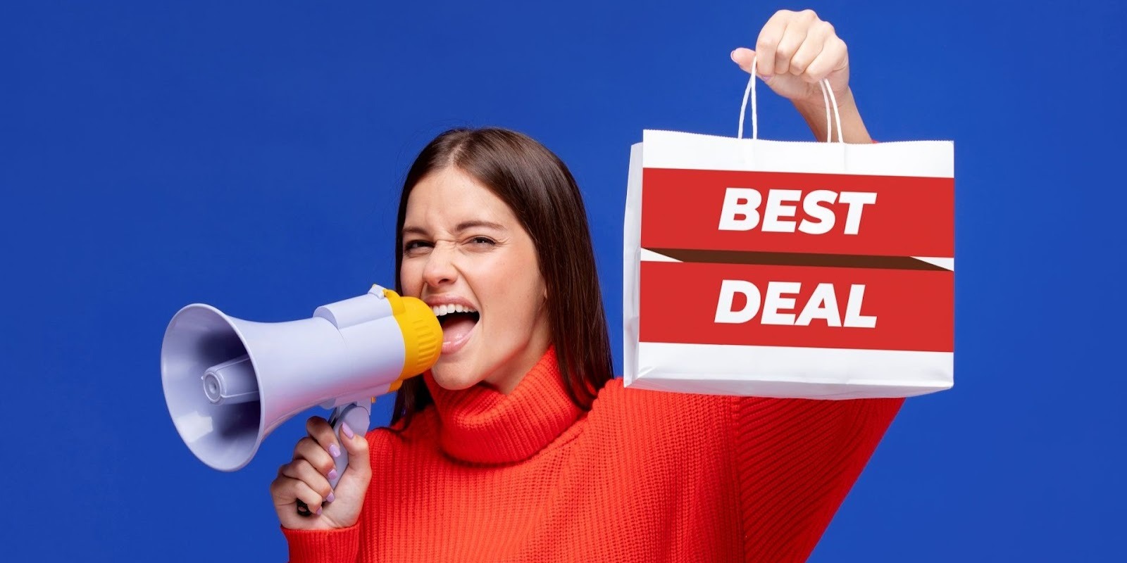 Woman announcing best car deals with megaphone promoting limited time new vehicle pricing offers