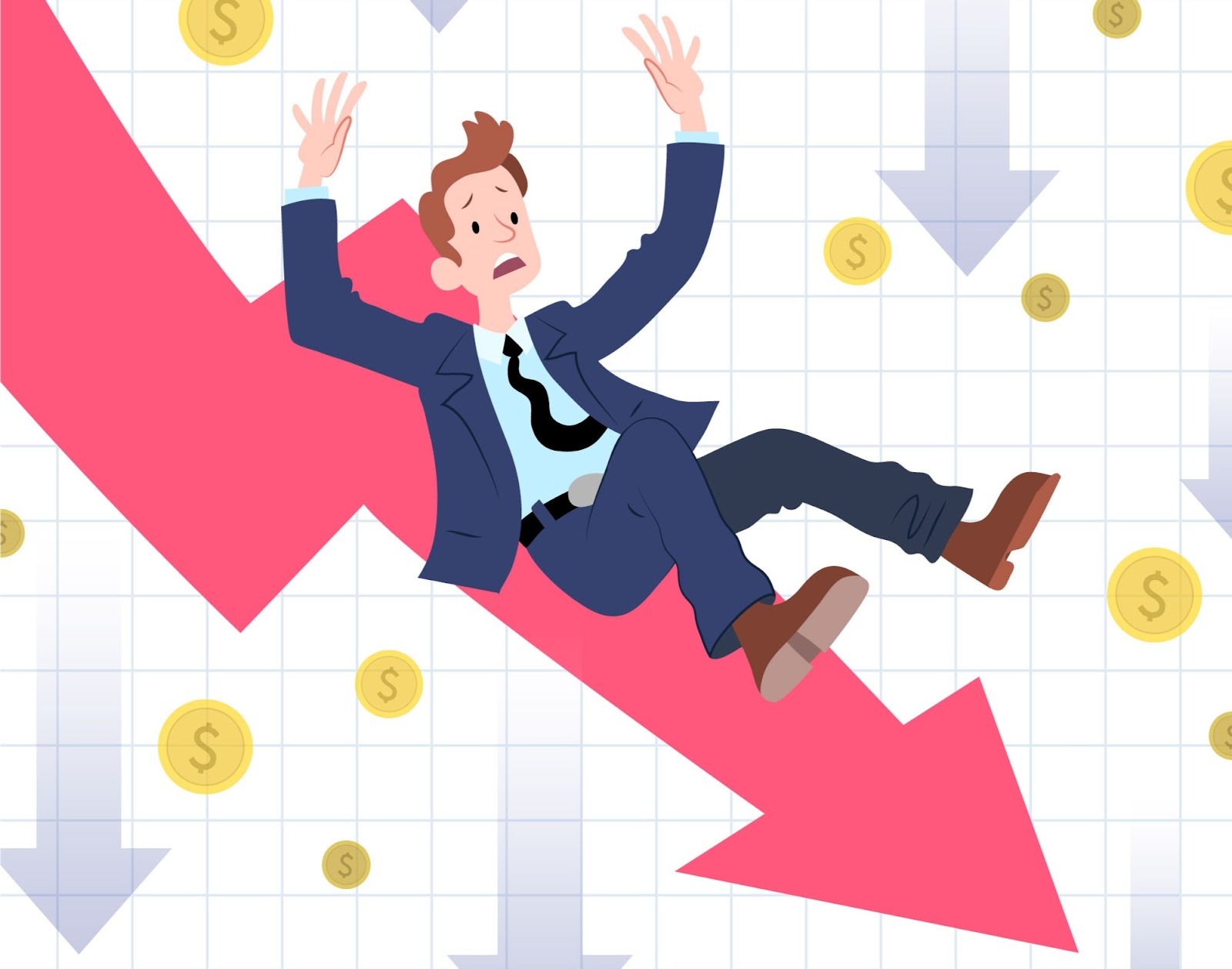 Ilustración de persona cayendo en gráfica descendente simbolizando pérdida en crédito automotriz