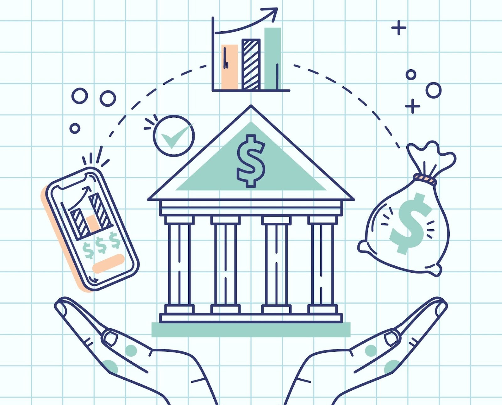 Ilustración de banco con gráficas y dinero representando opciones de refinanciamiento automotriz