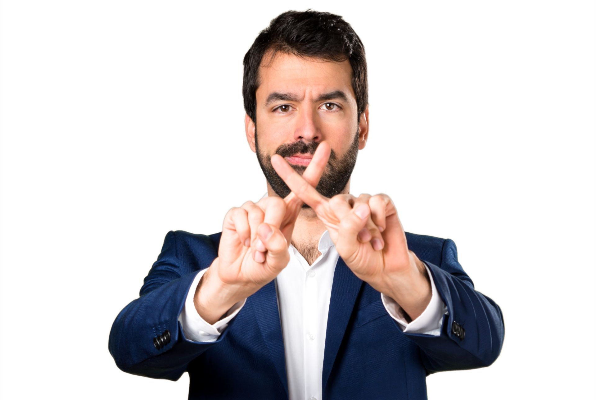 Car buying expert making X gesture to reject bad dealership offers and hidden fees
