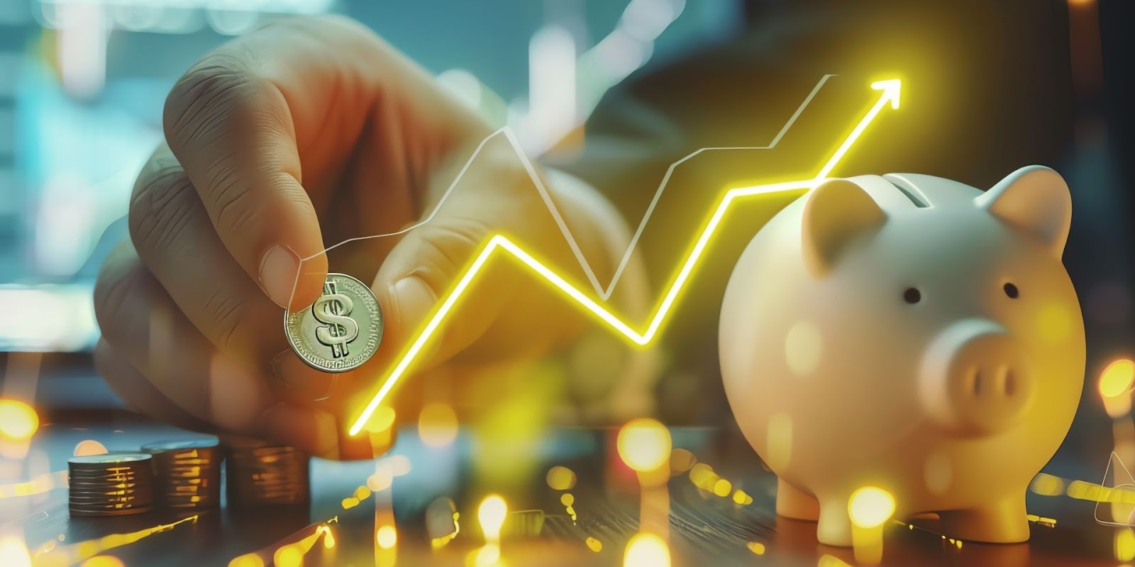 Mano depositando moneda en alcancía con gráfica de crecimiento para ahorro automotriz