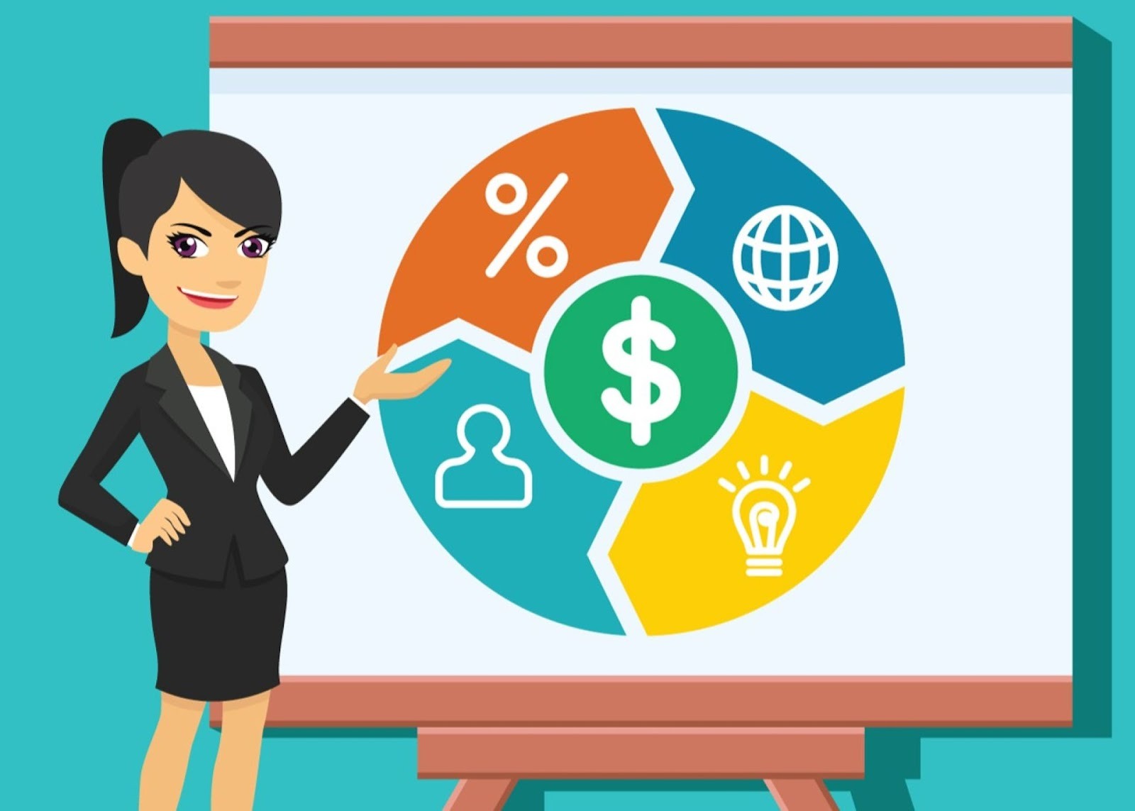 Ilustración de asesora financiera explicando diagrama de presupuesto para compra de auto