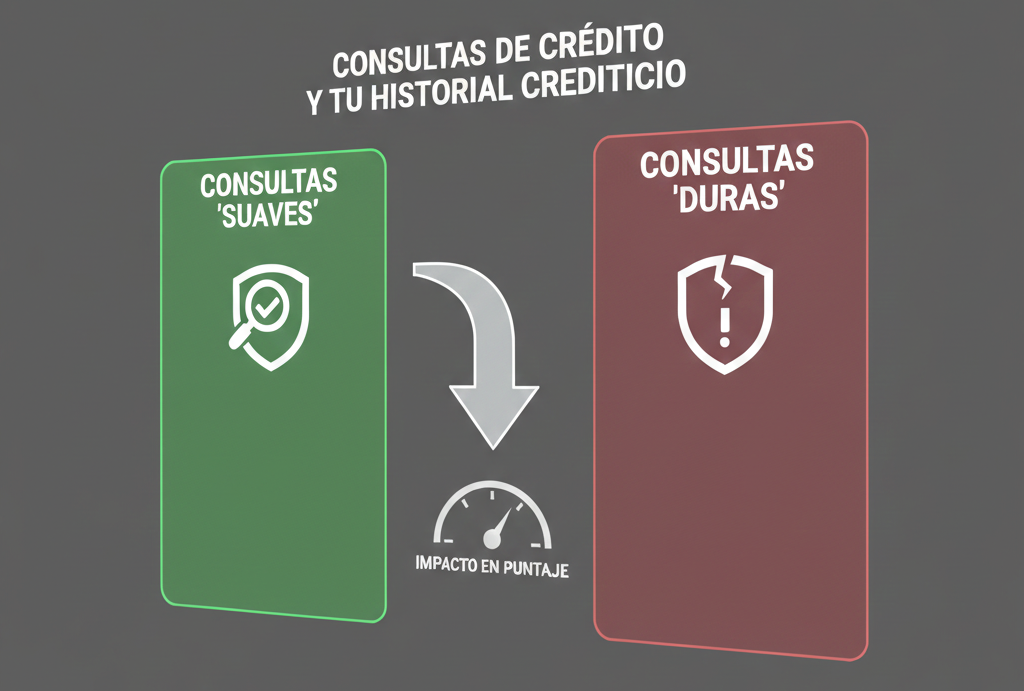 Comparación visual entre consultas de crédito suaves y duras y su impacto en el puntaje crediticio