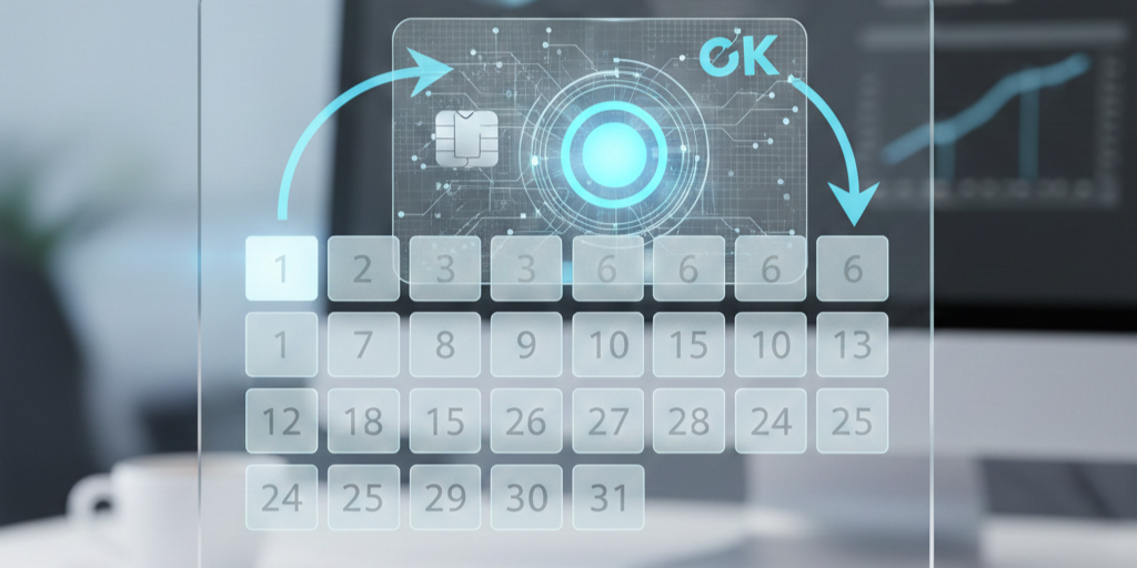 Calendario mensual con tarjeta de crédito ilustrando la ventana de 14 días para consultas crediticias