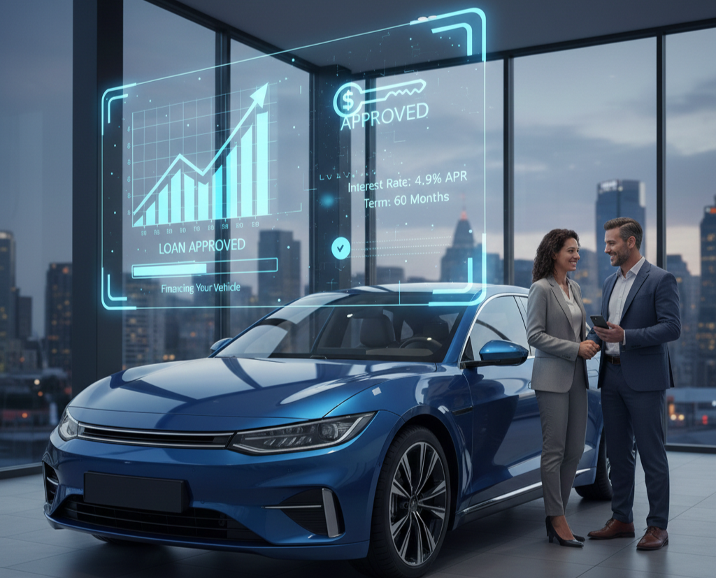 Pareja en concesionario con crédito automotriz aprobado mostrando tasa APR 4.9% y plazo 60 meses